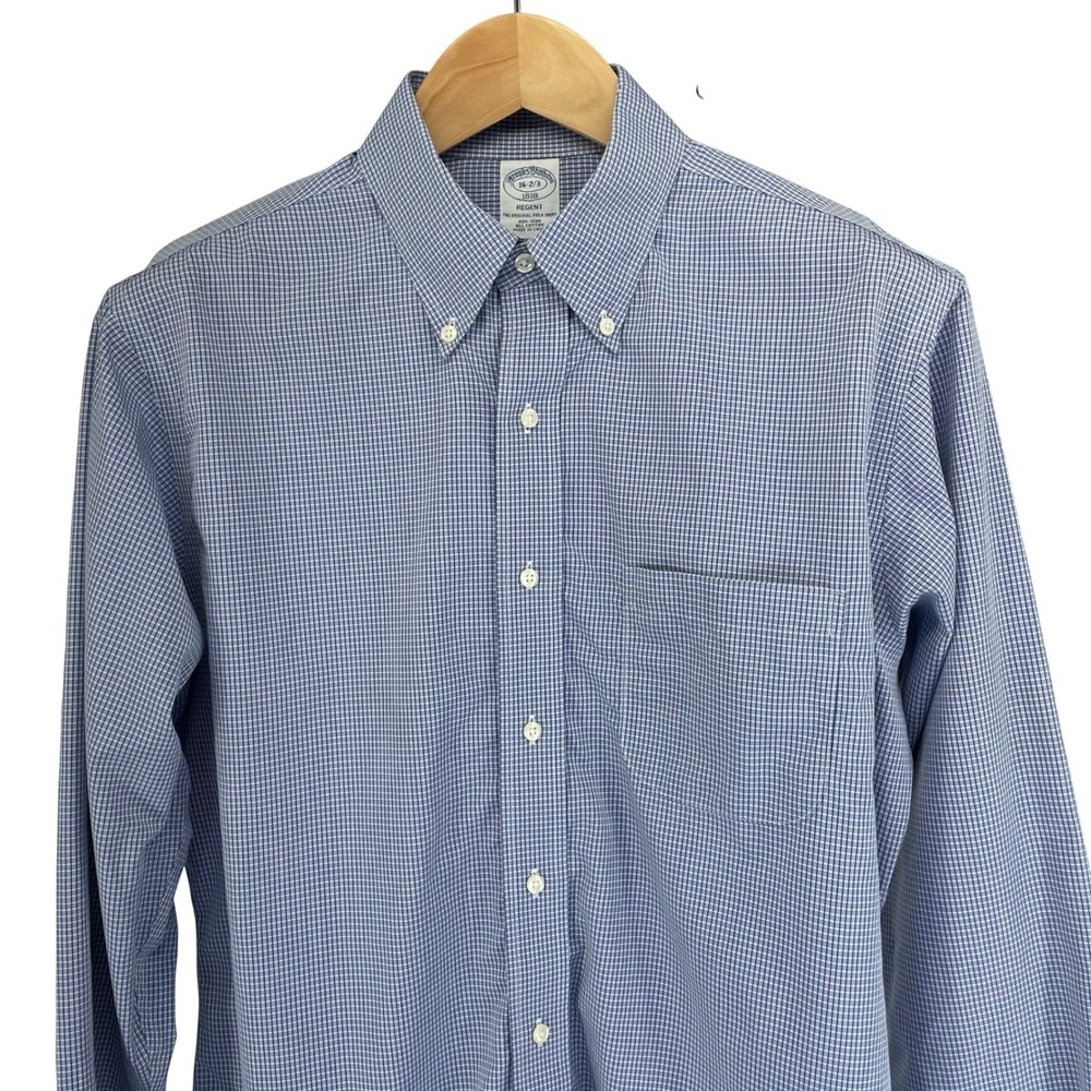 Brooks Brothers Regent Fit Blue Gingham Non Iron Button Down Shirt Mens 16 2/3 L